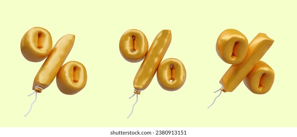 Aufblasbare Goldballons in Form von Prozentsätzen. Vektorobjekt in verschiedenen Winkeln. Set von Vektorgrafiken für den Online-Handel. Konzept der Rabatte, Verkäufe