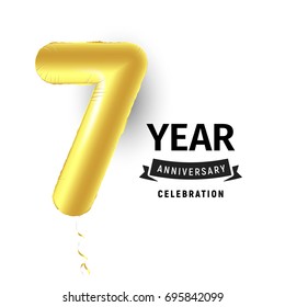 Inflatable golden ball one year with symbol 7. Vector illustration or poster for seventh birthday celebrating of a child, business, anniversary.
