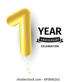 Inflatable golden ball one year with symbol 1. Vector illustration or poster for first birthday celebrating of a child, business, anniversary.