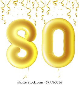 Inflatable golden balls with falling confetti and hanging ribbons. Eighty years, symbol 80. Vector illustration, logo or poster for eightieth birthday celebrating.