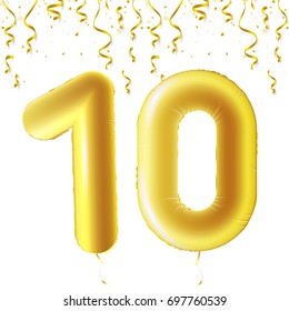 Inflatable golden balls with falling confetti and hanging ribbons. Ten years, symbol 10. Vector illustration, logo or poster for tenth birthday celebrating.