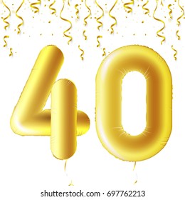 Inflatable golden balls with falling confetti and hanging ribbons. Forty years, symbol 40. Vector illustration, logo or poster for Forties birthday celebrating.