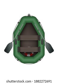 Inflatable green boat with oars top view. For kayaking and rowing design. Vector illustration isolated on white background. Realistic style.