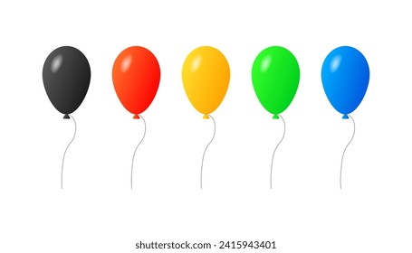 Inflatable helium balloons. Flat, color, set of inflatable balloons with rope, helium balloons for happiness design. Vector icons