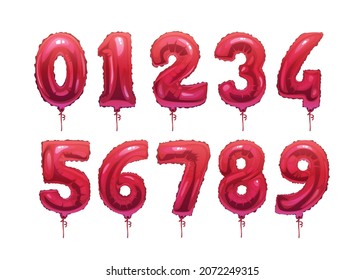 Inflatable helium balloons of red glossy color isolated party decoration elements on ribbons. Vector 123 ABC numbers, wedding invitations decor, holiday birthday anniversary years from 0 to 9