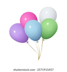 Inflatable helium balloons with ribbons. Vector isolated realistic icon of glossy flying decoration for special celebration events. Carnival or festivity, holiday decor and design for birthday