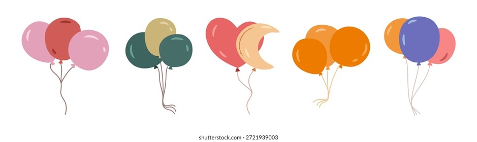 Globos inflables de helio con cintas. Vector aislado icono de decoración de vuelo brillante para eventos especiales de celebración. Carnaval o festividad, decoración de vacaciones y diseño para el cumpleaños