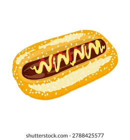 An inflatable hot dog-shaped mattress, drawn in doodle style. A rubber mattress shaped like a bun with a sausage. Vector illustration on a white background