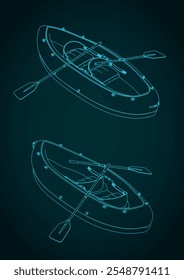 Inflatable kayak boat for two rowers with paddles isometric blueprints