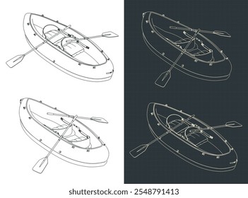 Inflatable kayak boat for two rowers with paddles isometric blueprints