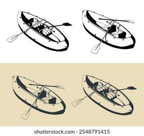 Inflatable kayak boat for two rowers with paddles