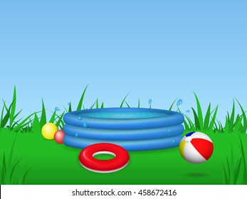 Inflatable kids pool full of fresh water, surrounded with inflatable toys.