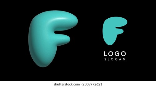 Inflatable letter F appealing 3D logo, glossy shiny bubble. Gum-colored logotype for U2K poster, education design, childish brand identity, tech startup, eye-catching typographic. Vector illustration