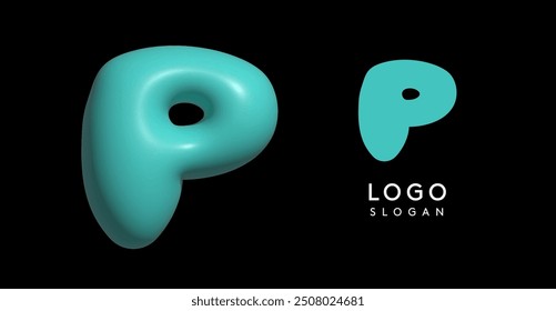 Inflatable letter P appealing 3D logo, glossy shiny bubble logotype for education and childish poster design, U2K brand identity, tech startup, eye-catching typographic. Vector illustration