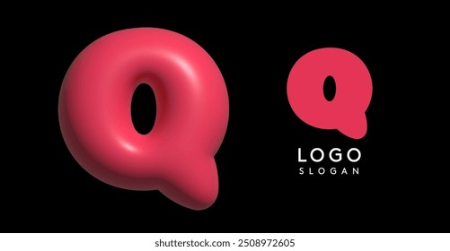 Inflatable letter Q appealing 3D logo, glossy shiny bubble logotype for education and childish poster design, U2K brand identity, tech startup, eye-catching typographic. Vector illustration
