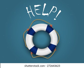 inflatable life buoy on blue-green background with the words help!