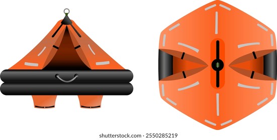 Jangada inflável. Jangada salva-vidas auto insuflável. Perfil lateral e superior de um barco salva-vidas encontrado em um navio ou iate à vela. Ilustração isolada de vetor.