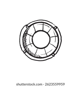 Inflatable lifebuoy in black brush stroke texture isolated on white. Hand drawn vector sketch illustration in vintage charcoal ink. Concept of water safety and rescue, swimming, summer vacation