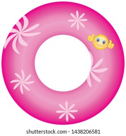 Inflatable Lifebuoy - pink with floral ornament and smiling icon - isolated on white background - vector. Summer time.