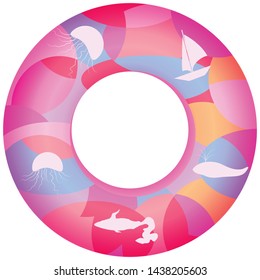 Inflatable Lifebuoy - pink geometric ornament with sea symbols - isolated on white background - vector. Summer time.