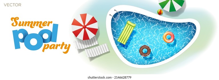 Inflatable mattress ball and pool rings in swimming pool sunbed umbrella. Poster template for summer vacation. Summer pool party. Flat style vector illustration