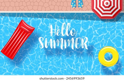 inflatable mattress floating and yellow pool rings in a swimming pool. Poster template for summer holiday. Summer pool party banner with space for text. Vector illustration in flat style