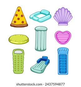 Aufblasbare Matratze Pool Set Cartoon. Bett Oberfläche, Wasser über, Schwimmer oben aufblasbare Matratze Pool-Zeichen. Isoliertes Symbol Vektor-Illustration