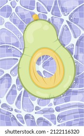 Inflatable mattress in the shape of an avocado in the pool, pool party, beach vacation, hotel vacation with inflatable toys. Vector illustration