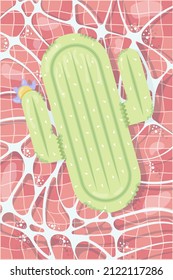 Inflatable mattress in the shape of a cactus in the pool, pool party, beach vacation, hotel vacation with inflatable toys. Vector illustration