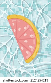 Inflatable mattress in the shape of a grapefruit in the pool, pool party, beach vacation, hotel vacation with inflatable toys. Vector illustration
