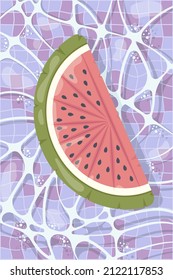Inflatable mattress in the shape of a watermelon in the pool, pool party, beach vacation, hotel vacation with inflatable toys. Vector illustration