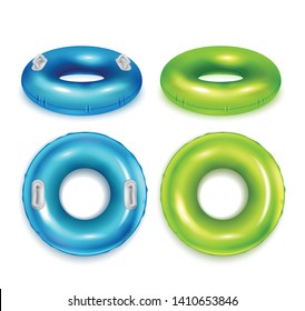 Inflatable modern colorful rubber swimming rings realistic set top and side view blue green isolated vector illustration  