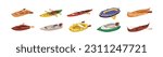 Inflatable, motor speed, rafting, kayaking sport boats. Wooden and plastic water vessels with paddles, lake transport of different types. Flat vector illustrations isolated on white background