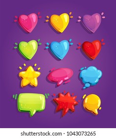 Inflatable multi-colored hearts and speech bubbles. Vector set of colored elements