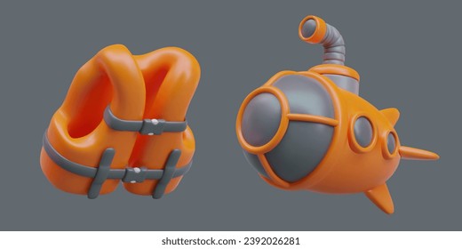 Inflatable orange vest and bathyscaphe with raised periscope. 3D image for site about underground research. Isolated illustrations on gray background. Deep diving to ocean floor