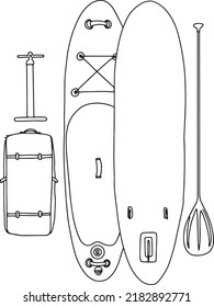 Inflatable paddle board illustration, vector outline, nature equipment sea  recreation sport relaxing vacation wave water sports lake yoga illustration outdoors line art activity life style hand drawn