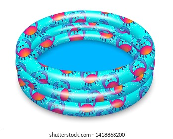 Inflatable paddling pool bright blue with a pattern, without water empty. Equipment for summer holidays and tanning. Realistic illustration. Isolated on white background Vector.
