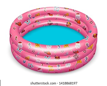 Inflatable paddling pool pink with a pattern, without water empty. Equipment for summer holidays and tanning. Realistic illustration. Isolated on white background Vector.