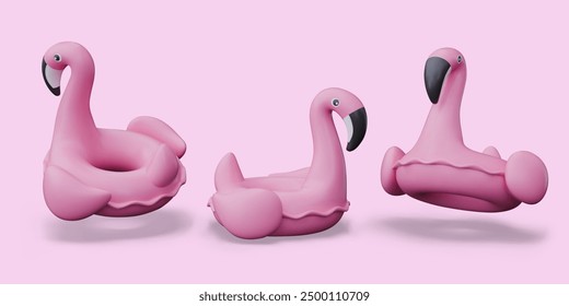 Inflatable pink flamingo ring in different positions. Plastic element