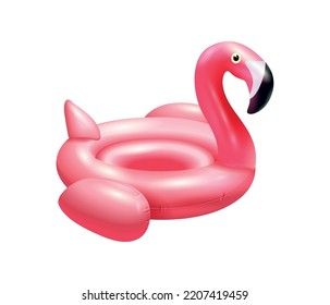 Inflatable pink flamingo rubber swimming ring realistic vector illustration