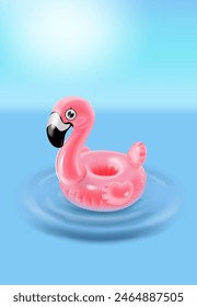 Inflatable pink flamingo swimming pool ring on sea blue water background. Swimming ring. Summer vacation holiday, traveling, poster template. Vector illustration