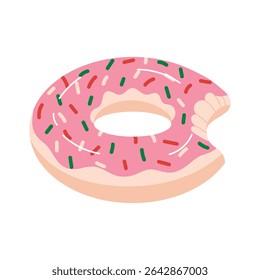 Piscina inflável flutuam em forma de donut mordido com esmalte rosa e polvilhos. Anel de natação de verão divertido. Ilustração vetorial isolada no plano de fundo branco