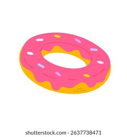 Inflatable pool float shaped like a pink donut with yellow frosting and sprinkles, great for summer product mockups and swim visuals