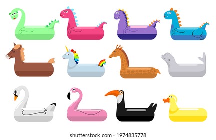 Inflatable pool floats. Inflatable swimming rings set for children. Floating dragon, whale, duck, flamingo, horse, unicorn. Swim tube. Vector collection