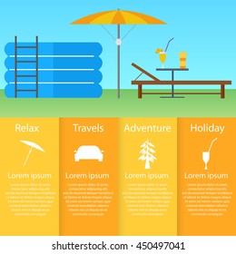 Inflatable pool, sun lounger under an umbrella. Flat style. A table with a cocktail and sunscreen. Infographics rest and relaxation. Weekend out of town. Vector illustration.