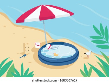 Piscina inflable y paraguas sobre arena de color plano ilustración vectorial. Parasol, castillo de arena y piscina infantil. Vacaciones de verano. Paisaje de dibujos animados 2D en la costa con agua en segundo plano