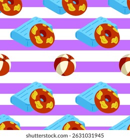 Inflatable Pool Toys Summer Pattern. Colorful beach illustration with rings, mattress and balls on striped background.