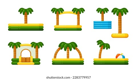 Pozas inflables y castillo hinchable. Iconos de los parques de verano con piscina para nadar, palmera flotante, casa trampolín, fuente, bola de playa y cubo inflable de enfriador de hielo, ilustración de la caricatura vectorial