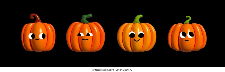 Personajes de calabazas inflables con emoticono de caras divertidas. Símbolo del Día de Halloween. Elemento 3D inflado con el efecto plastilina. Establecer Formas de calabazas de dibujos animados. Ilustración vectorial