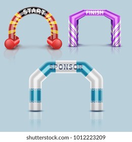 Inflatable race start and finish archway, outdoor sports event arch decoration and sponsor banner. Start arch for run or race. Vector illustration